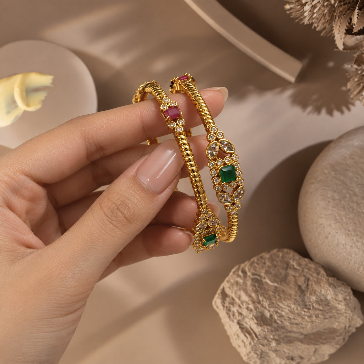 Naira Red & Green Stone Bangles (Pair)