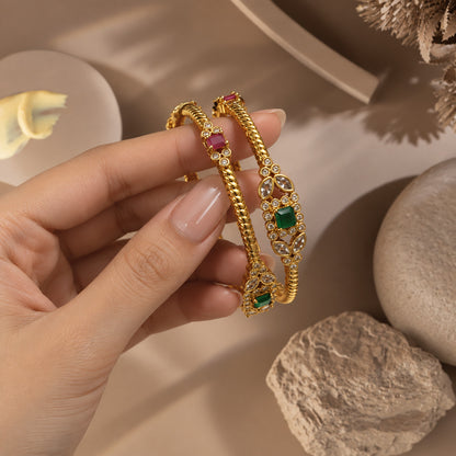 Naira Red & Green Stone Bangles (Pair)