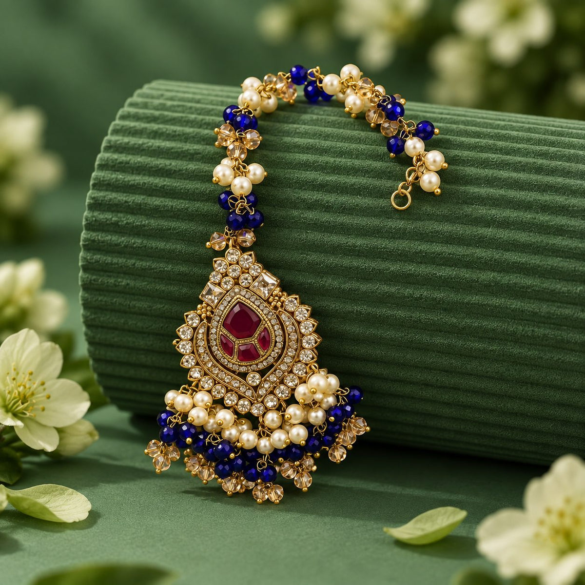 Neelam Blue Jhumka Earrings & Teeka Set with Sahara