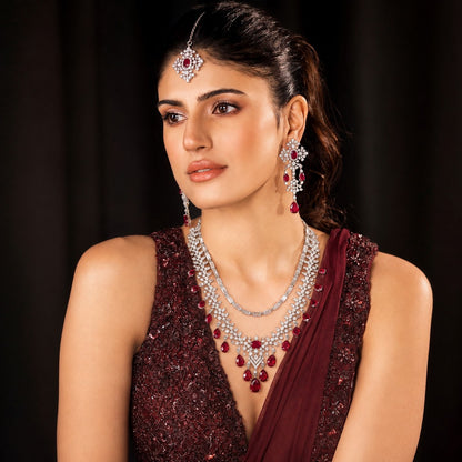 Ruby & Diamond Layered Necklace, Earrings & Teeka Set
