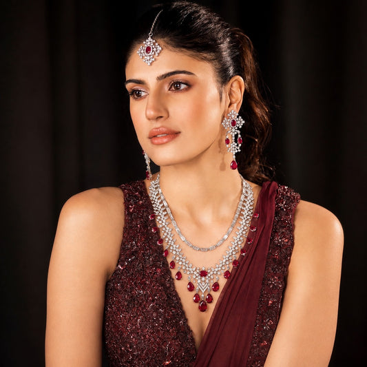 Ruby & Diamond Layered Necklace, Earrings & Teeka Set