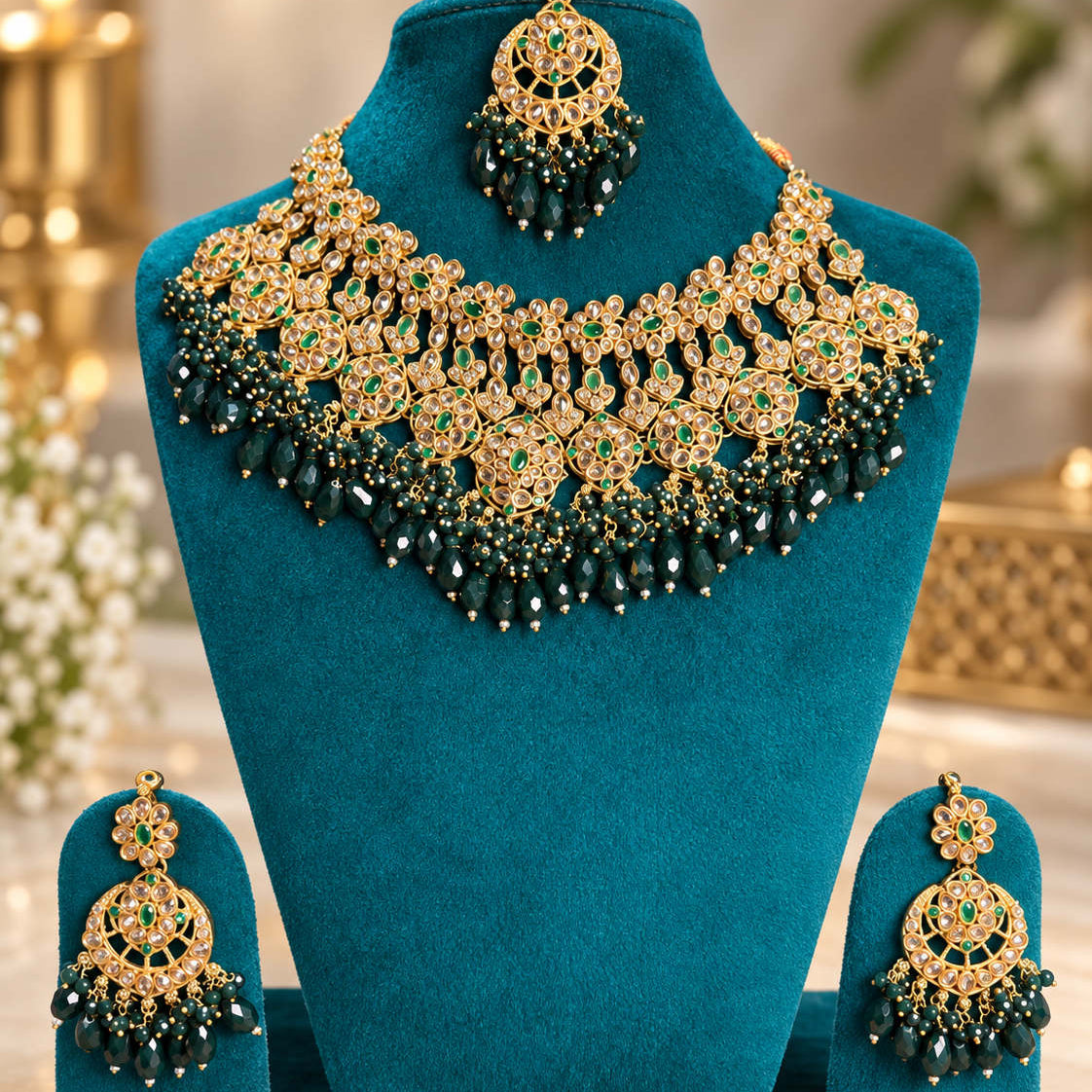 Mehrunisa Polki Kundan Grand Bridal Choker Set Green