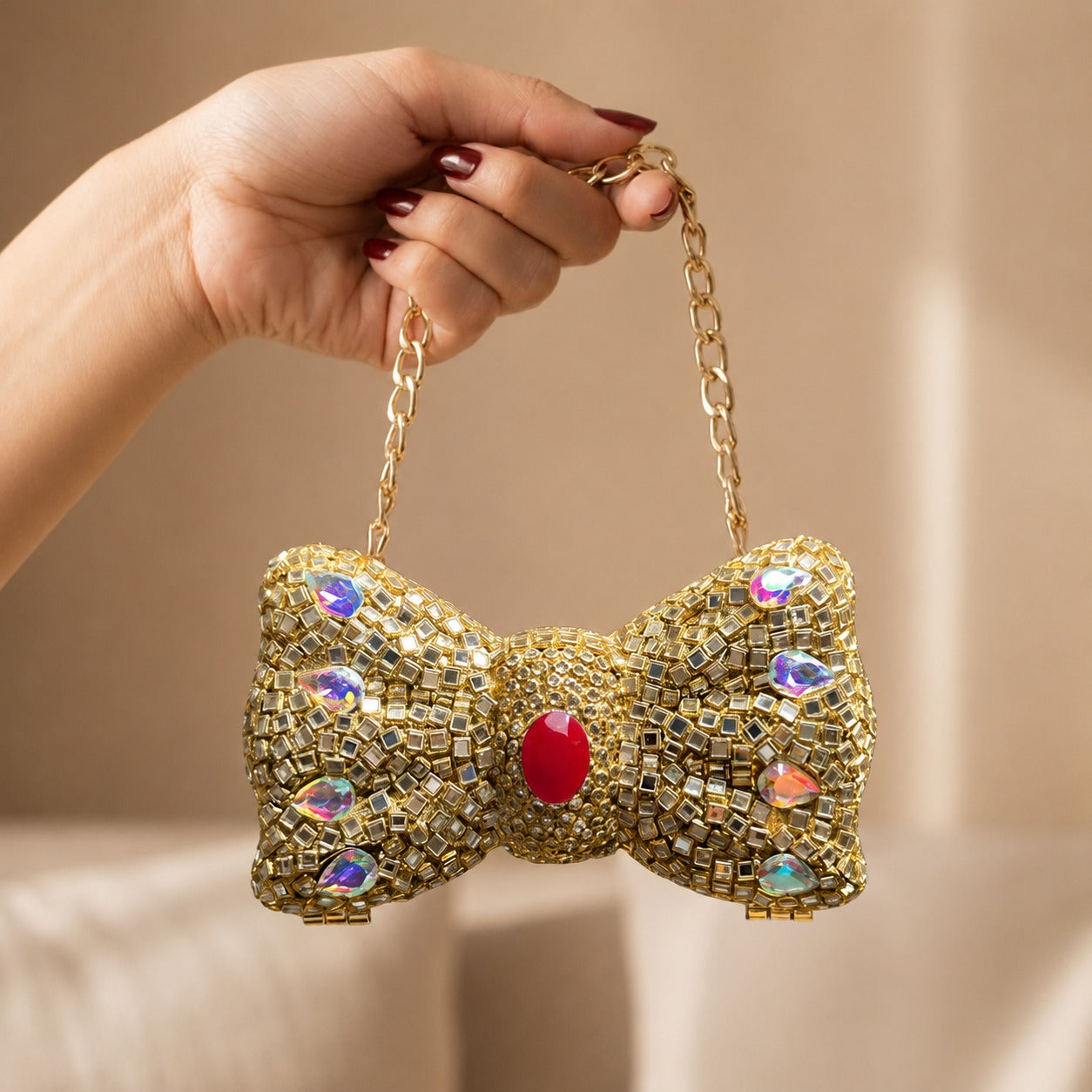 Kundan Crystal Clutch – Bridal Evening Bag with Chain