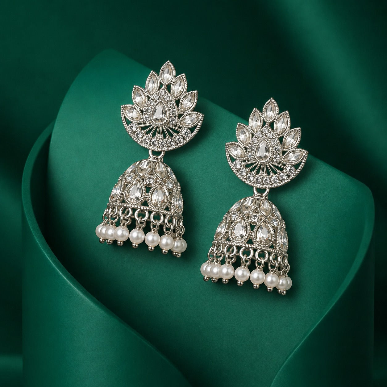 Silver Dome Pearl Jhumka Earrings