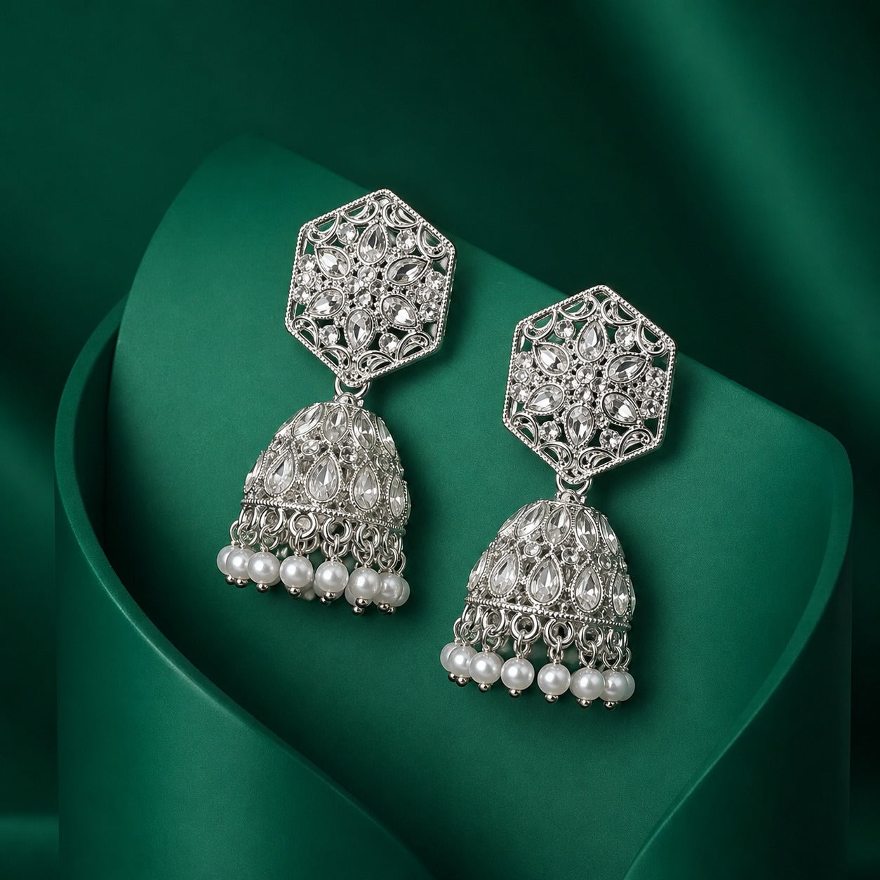 Silver Pearl Jhumka Earrings