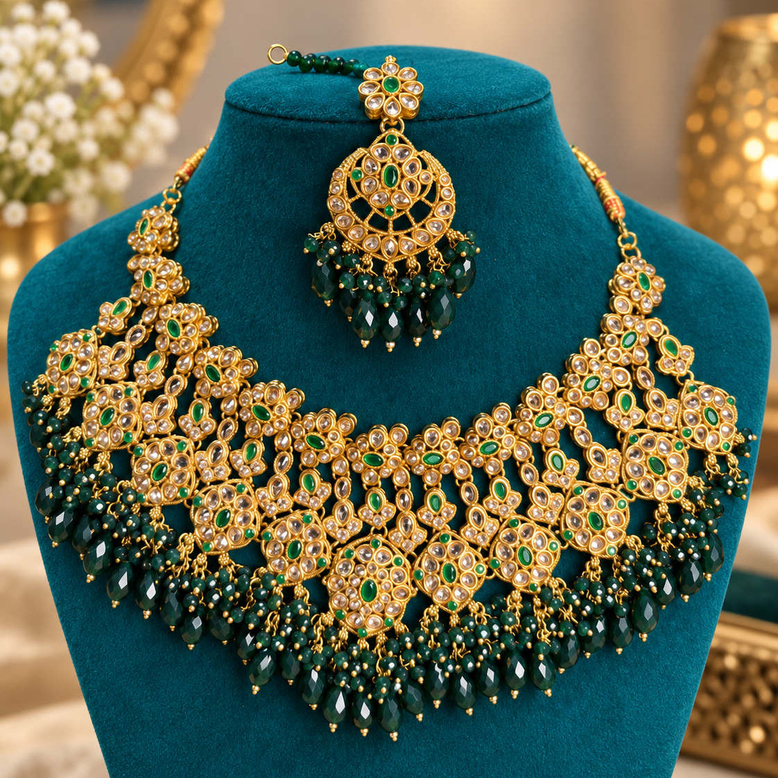 Mehrunisa Polki Kundan Grand Bridal Choker Set Green