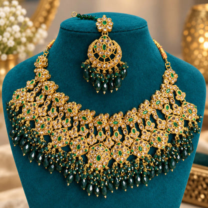 Mehrunisa Polki Kundan Grand Bridal Choker Set Green