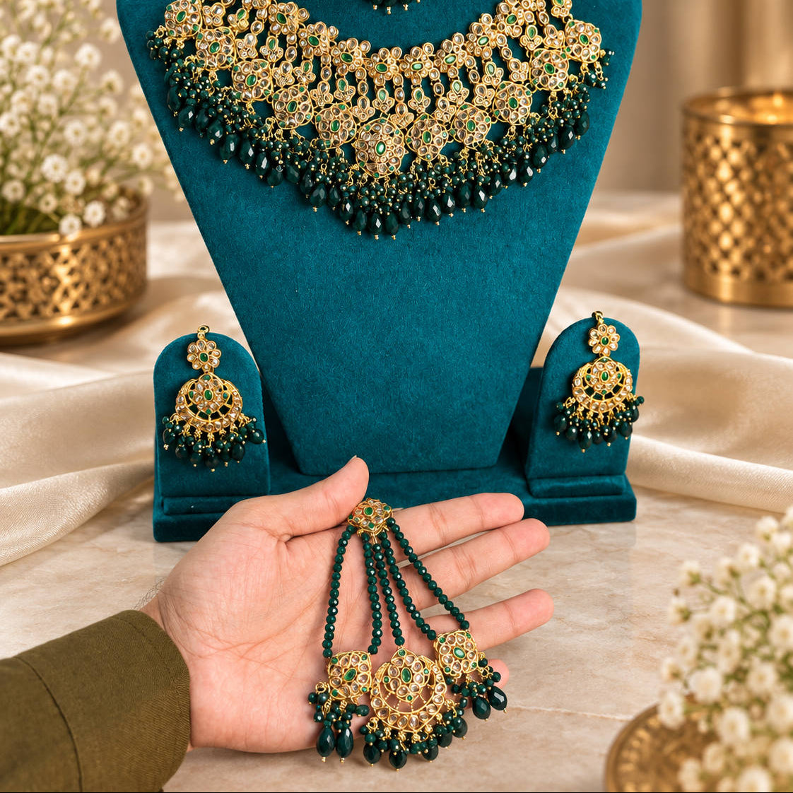 Mehrunisa Polki Kundan Grand Bridal Choker Set Green