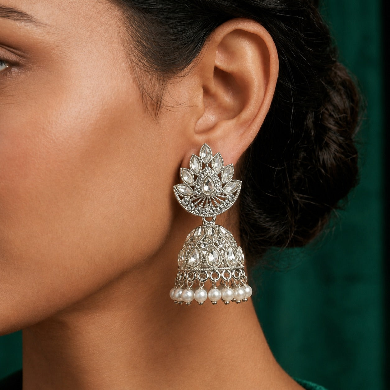 Silver Dome Pearl Jhumka Earrings