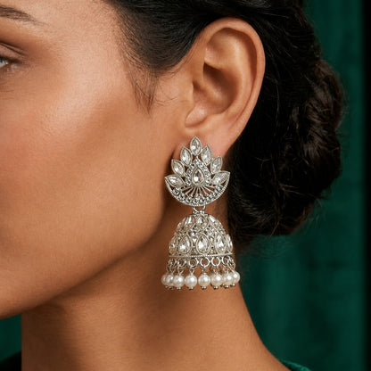Silver Dome Pearl Jhumka Earrings