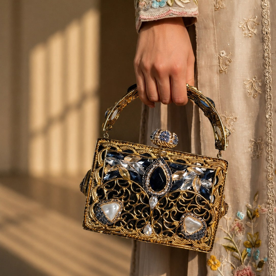 Sapphire & Gold Filigree Cage Box Clutch
