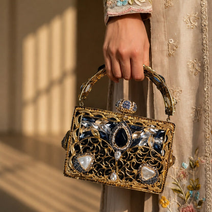 Sapphire & Gold Filigree Cage Box Clutch
