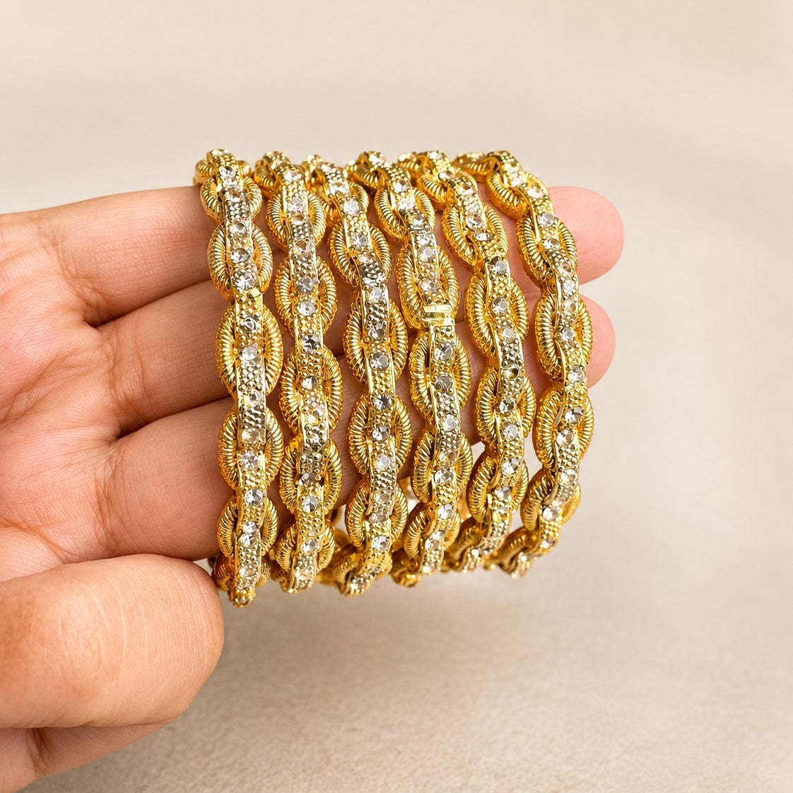 Gold Rope Crystal Bangle Set of 6