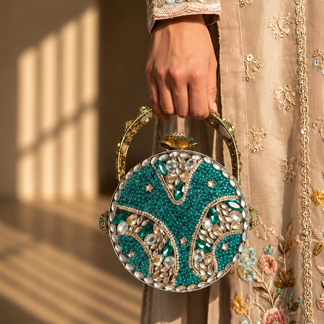 Emerald Green Filigree Cage Round Bridal Bag