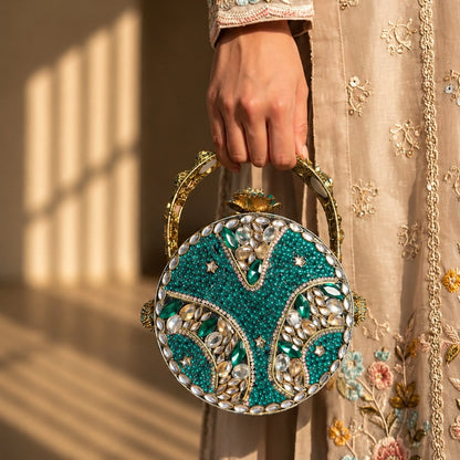 Emerald Green Filigree Cage Round Bridal Bag