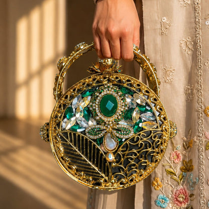 Emerald Green Filigree Cage Round Bridal Bag