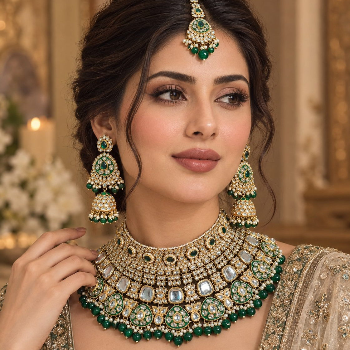 Kundan Bridal Jewellery Set with Necklace, Chandelier Earrings & Maang Teeka