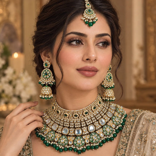 Kundan Bridal Jewellery Set with Necklace, Chandelier Earrings & Maang Teeka