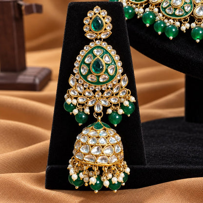 Kundan Bridal Jewellery Set with Necklace, Chandelier Earrings & Maang Teeka