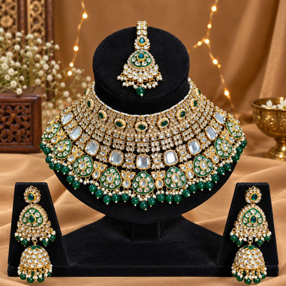 Kundan Bridal Jewellery Set with Necklace, Chandelier Earrings & Maang Teeka