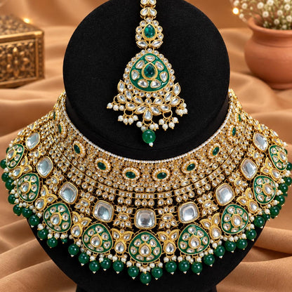 Kundan Bridal Jewellery Set with Necklace, Chandelier Earrings & Maang Teeka