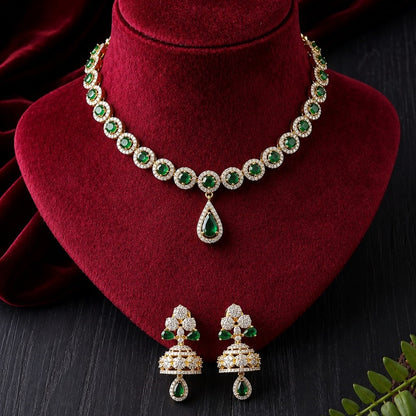 Emerald Green Diamond Choker & Jhumka Earrings Set