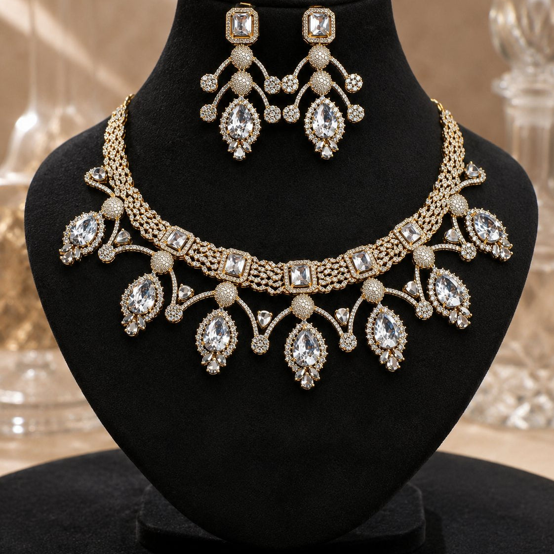 Gold Crystal Pear Drop Necklace Set