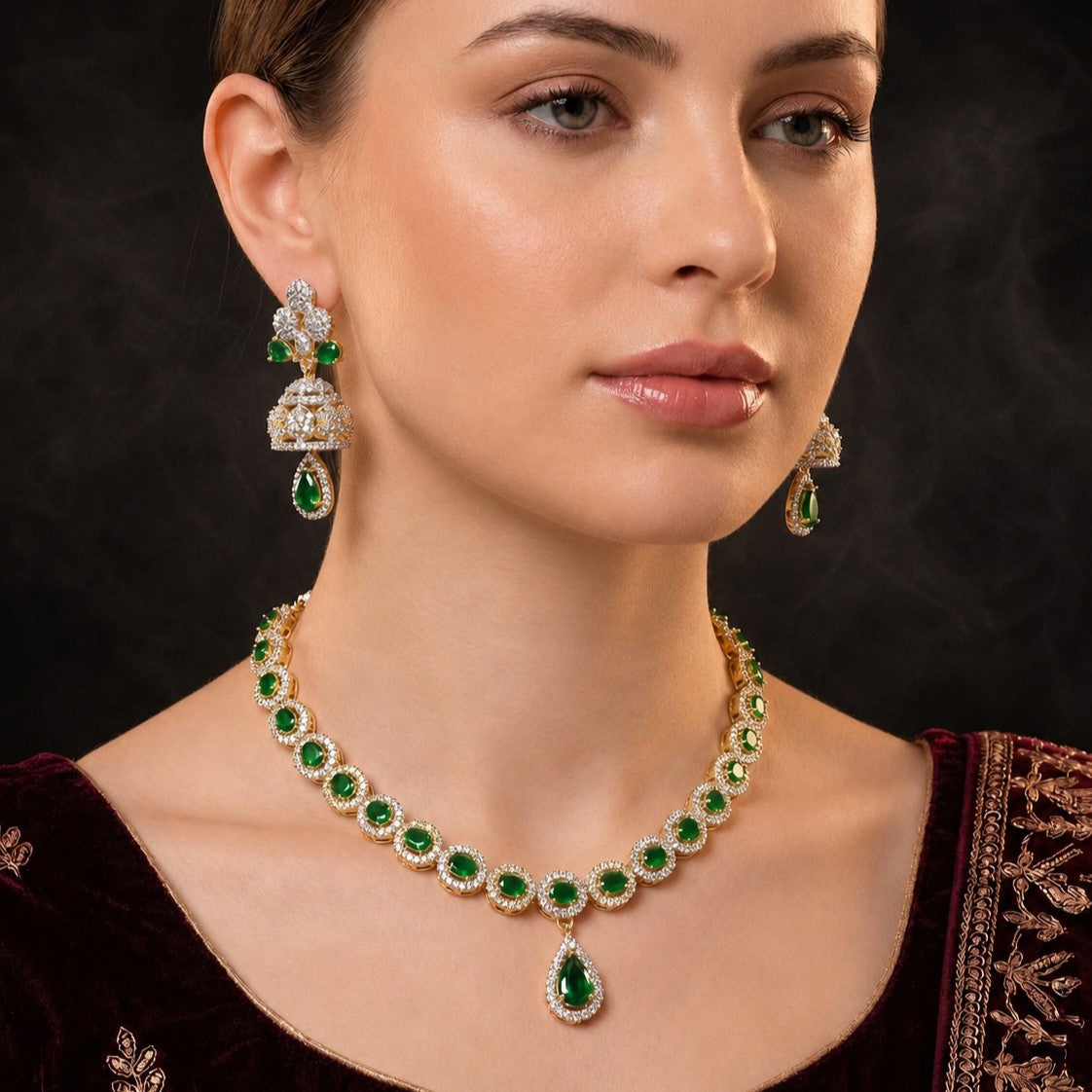 Emerald Green Diamond Choker & Jhumka Earrings Set