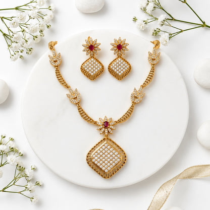 Gold Diamond Square Pendant Necklace & Earrings Set