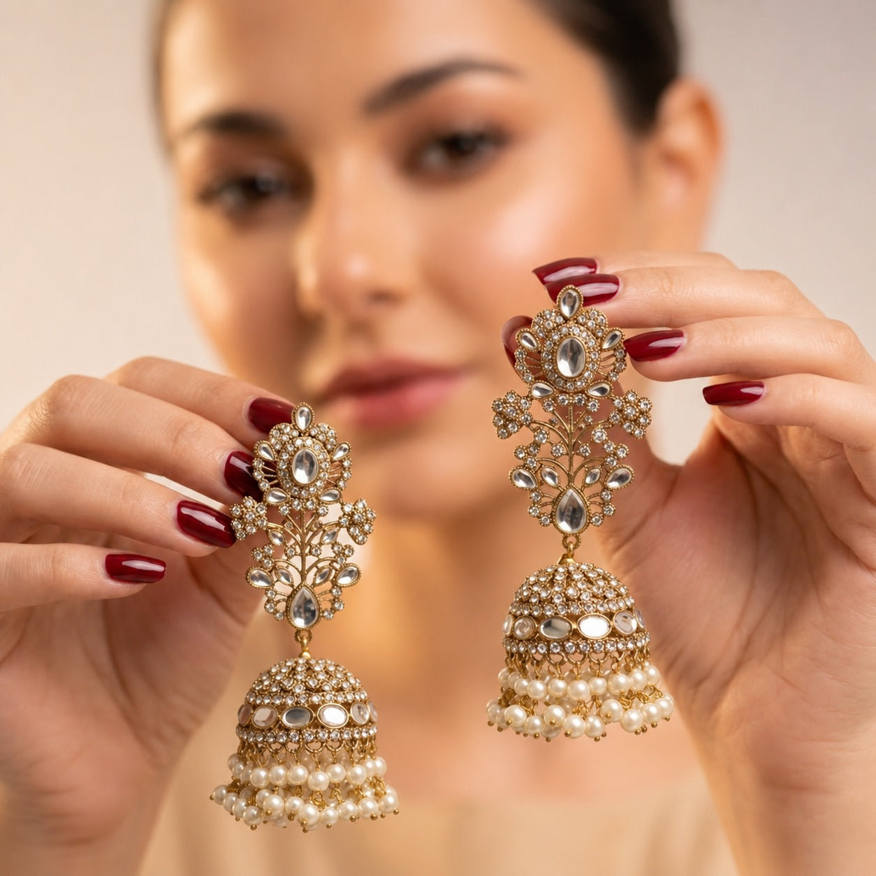 Gold Kundan Jhumka Earrings – Floral Stud with Pearl Fringed Dome Bell
