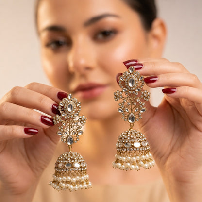 Gold Kundan Jhumka Earrings – Floral Stud with Pearl Fringed Dome Bell