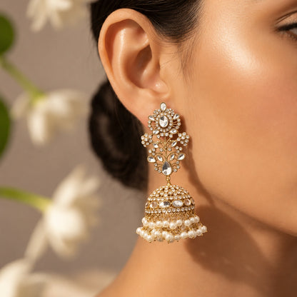 Gold Kundan Jhumka Earrings – Floral Stud with Pearl Fringed Dome Bell
