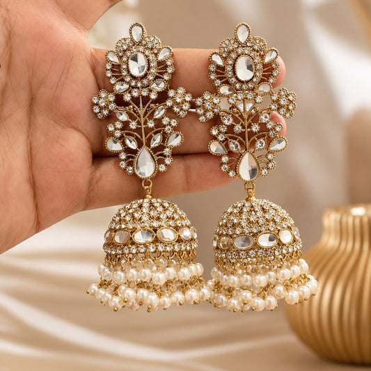 Gold Kundan Jhumka Earrings – Floral Stud with Pearl Fringed Dome Bell