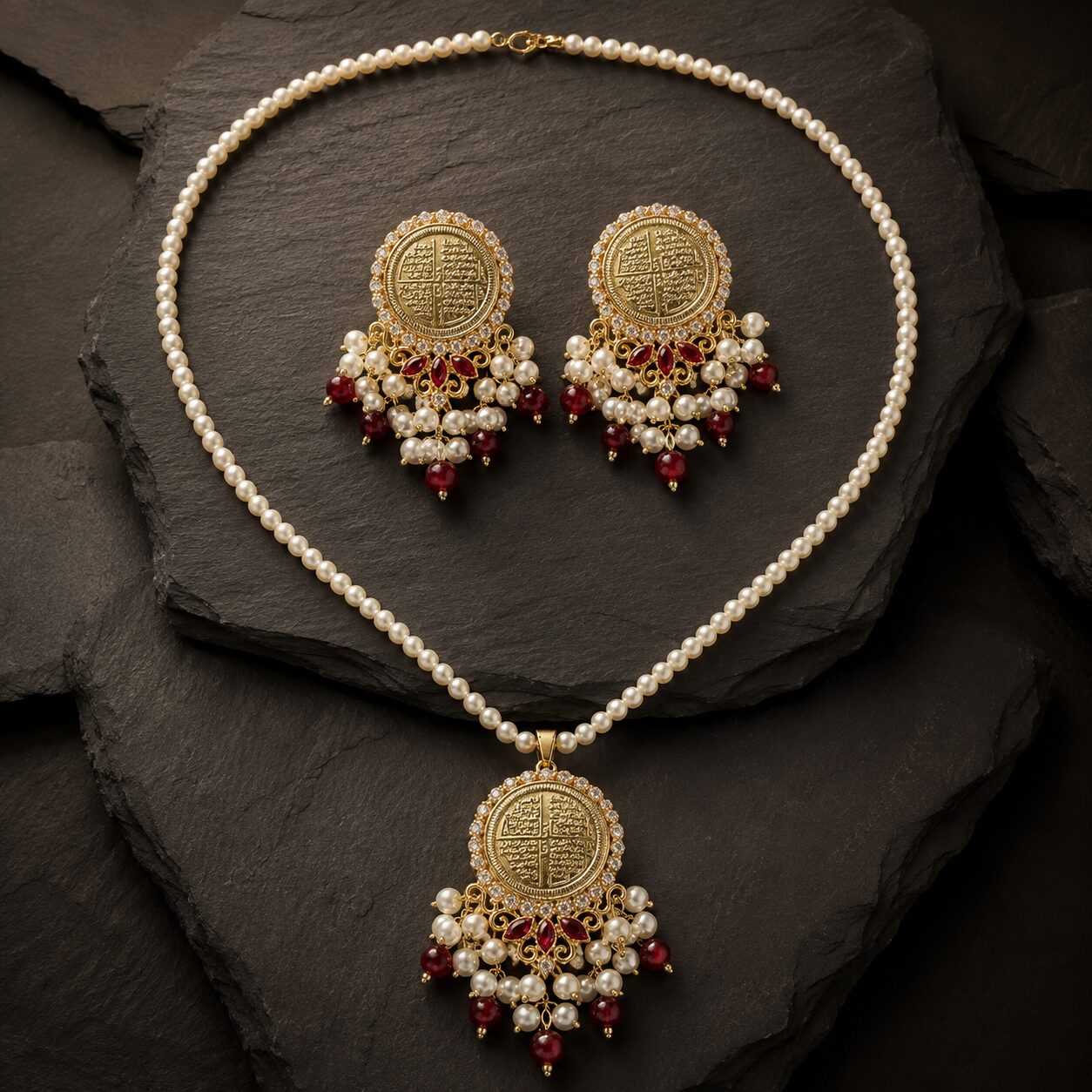 Noor-e-Chaar Qul Pearl Locket Set on black stone