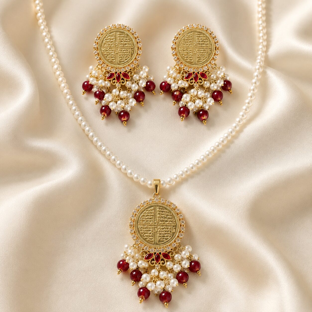 Noor-e-Chaar Qul Pearl Locket Set on ivory silk