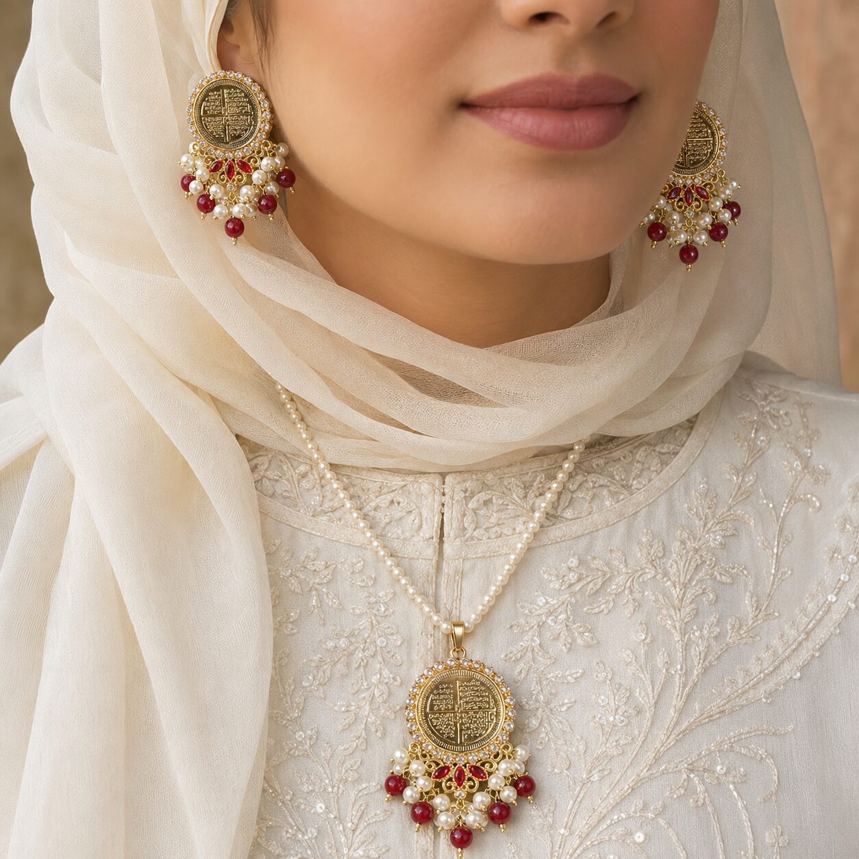 Noor-e-Chaar Qul Pearl Locket Set ivory hijab model