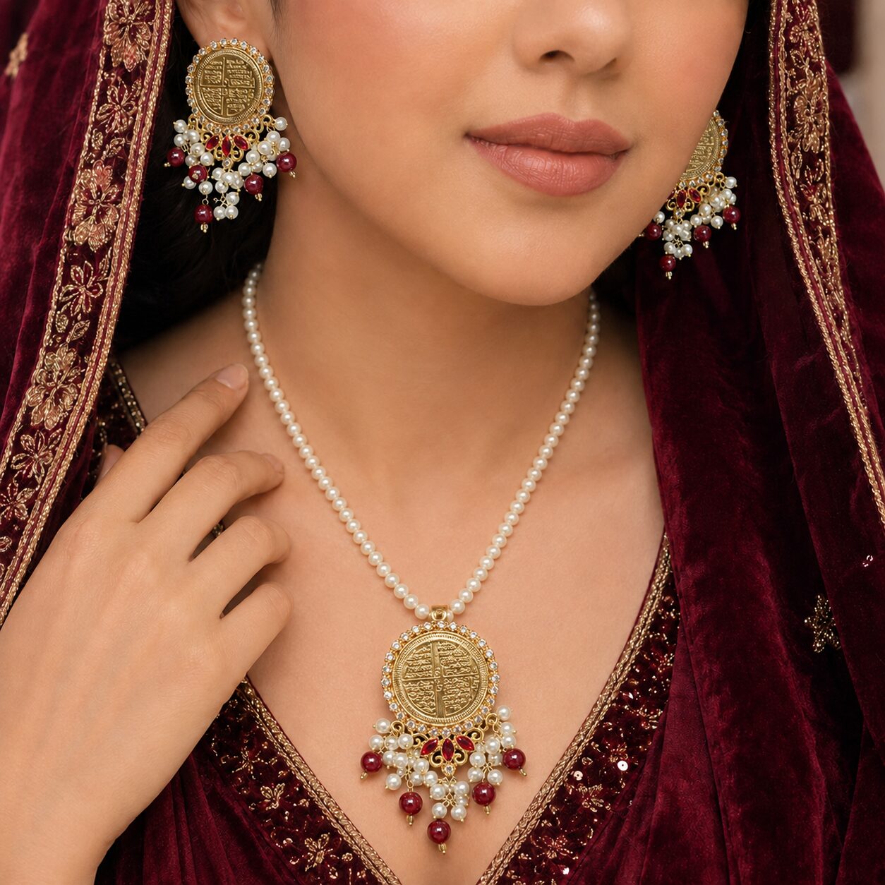 Noor-e-Chaar Qul Pearl Locket Set maroon dupatta model