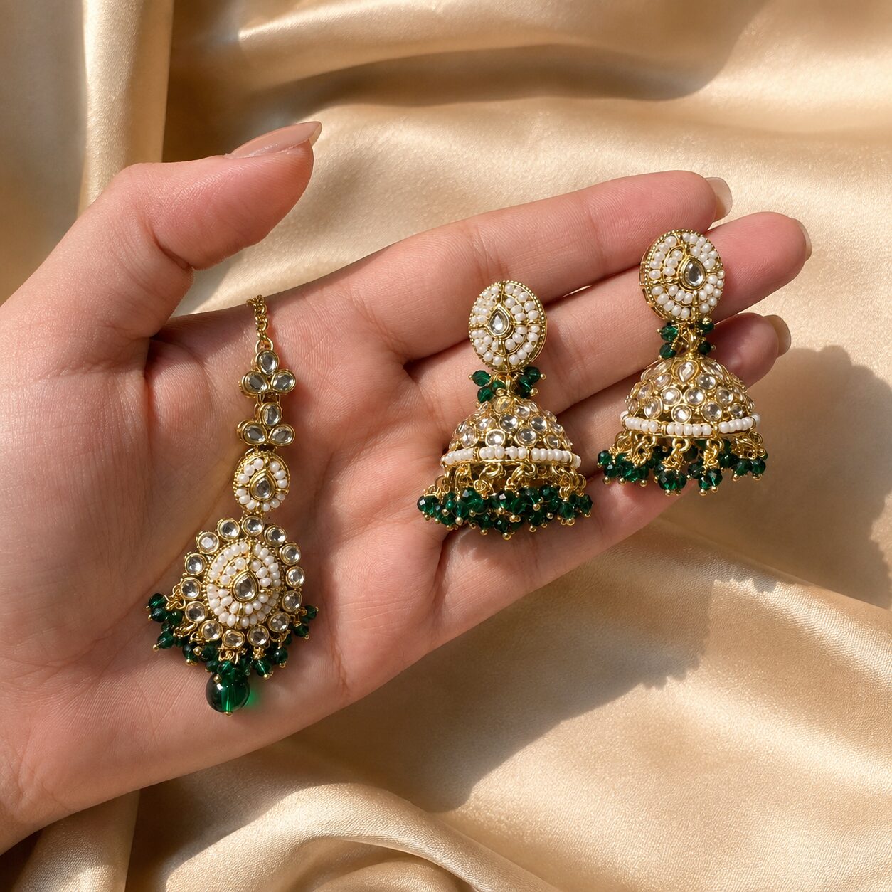 Mahira Green Kundan Jhumka Earrings and Teeka Set hand-held view