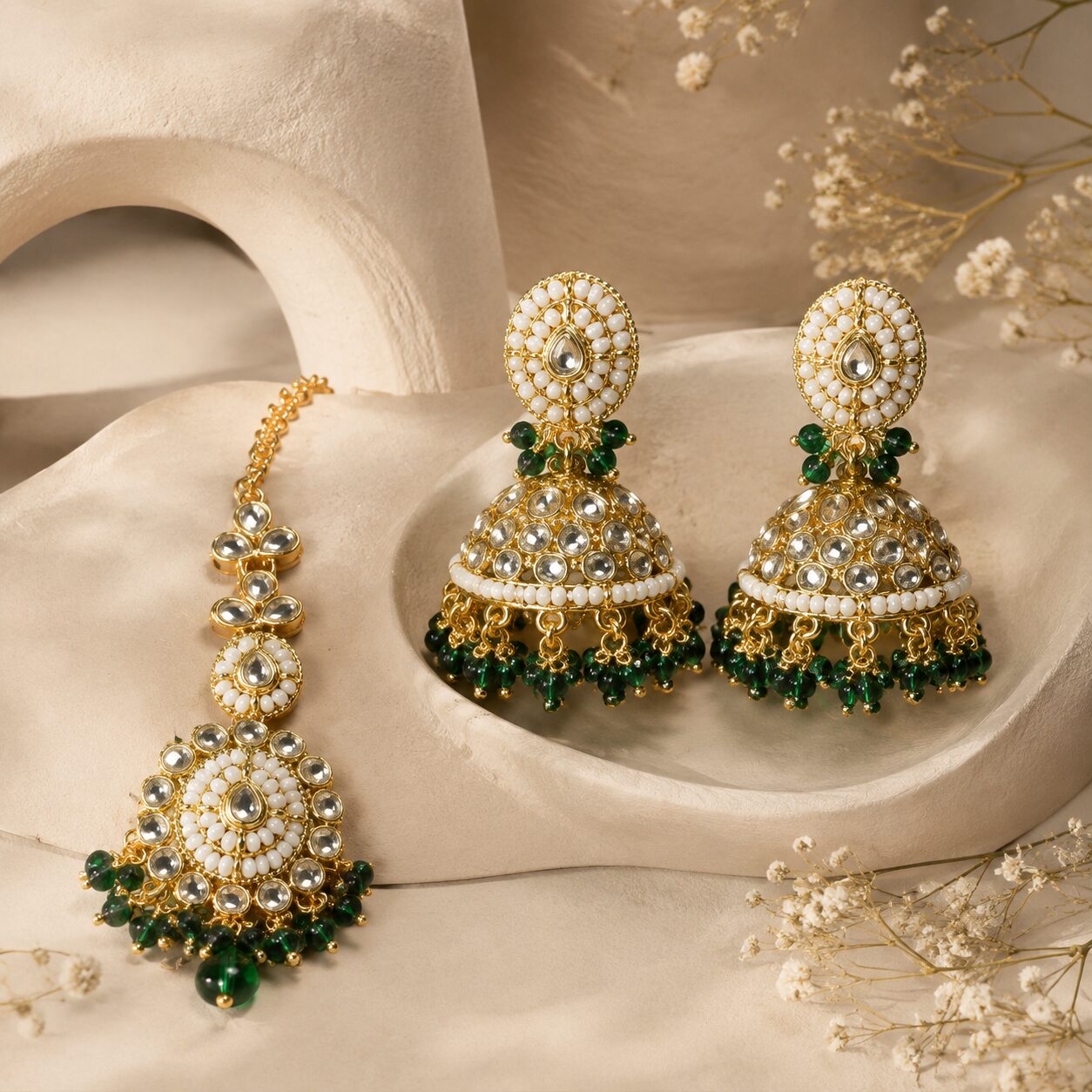 Mahira Green Kundan Jhumka Earrings and Teeka Set