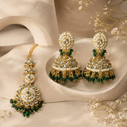 Mahira Green Kundan Jhumka Earrings and Teeka Set