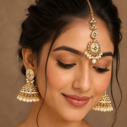Mahira Pearl Kundan Jhumka Earrings and Teeka Set model view