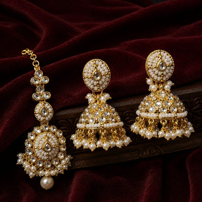 Mahira Pearl Kundan Jhumka Earrings and Teeka Set
