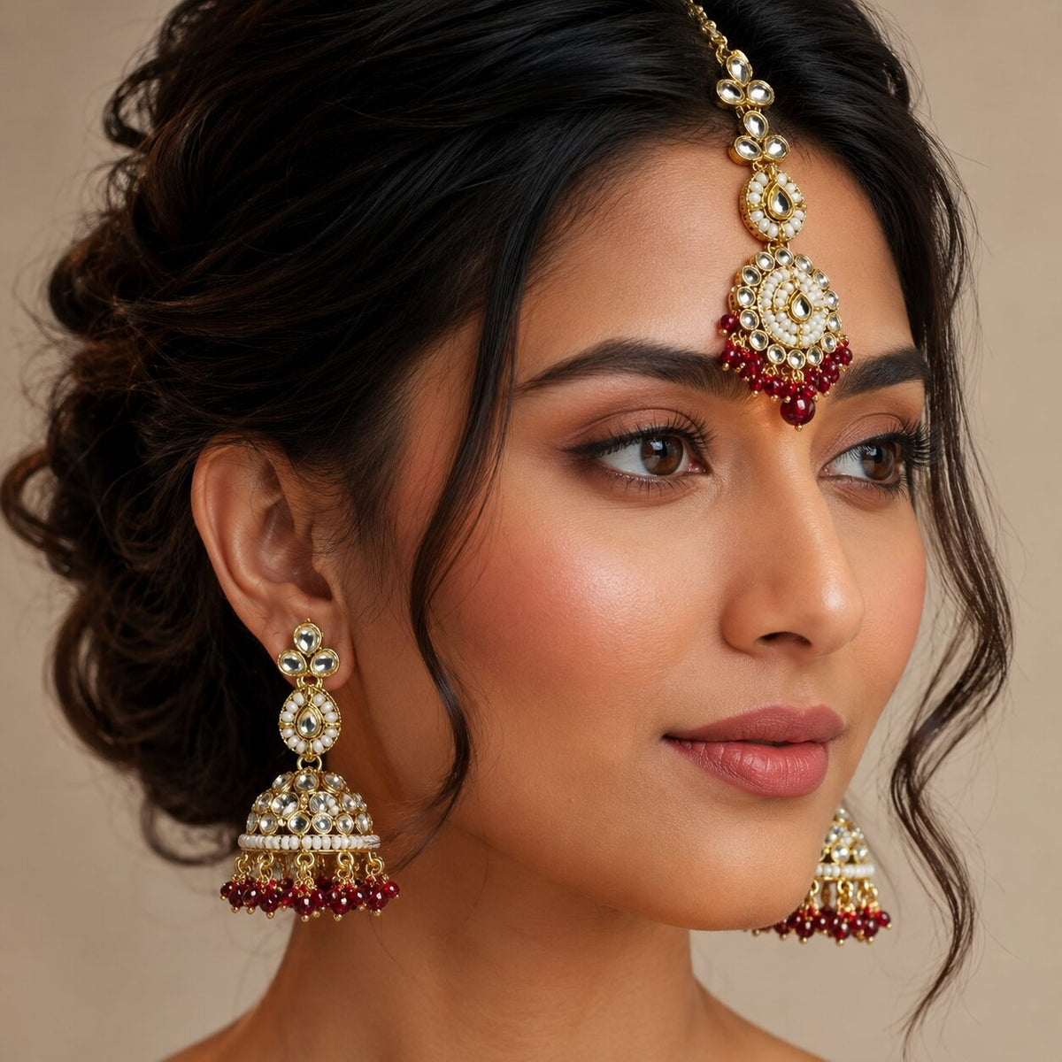 Mahira Ruby Kundan Jhumka Earrings and Teeka Set model view