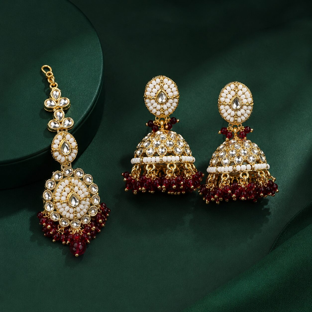 Mahira Ruby Kundan Jhumka Earrings and Teeka Set