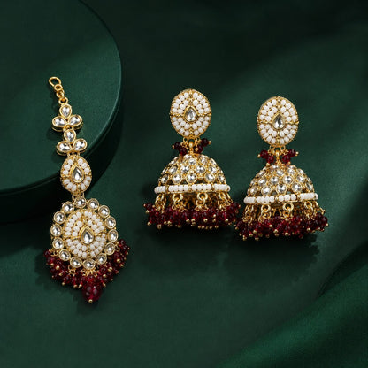 Mahira Ruby Kundan Jhumka Earrings and Teeka Set