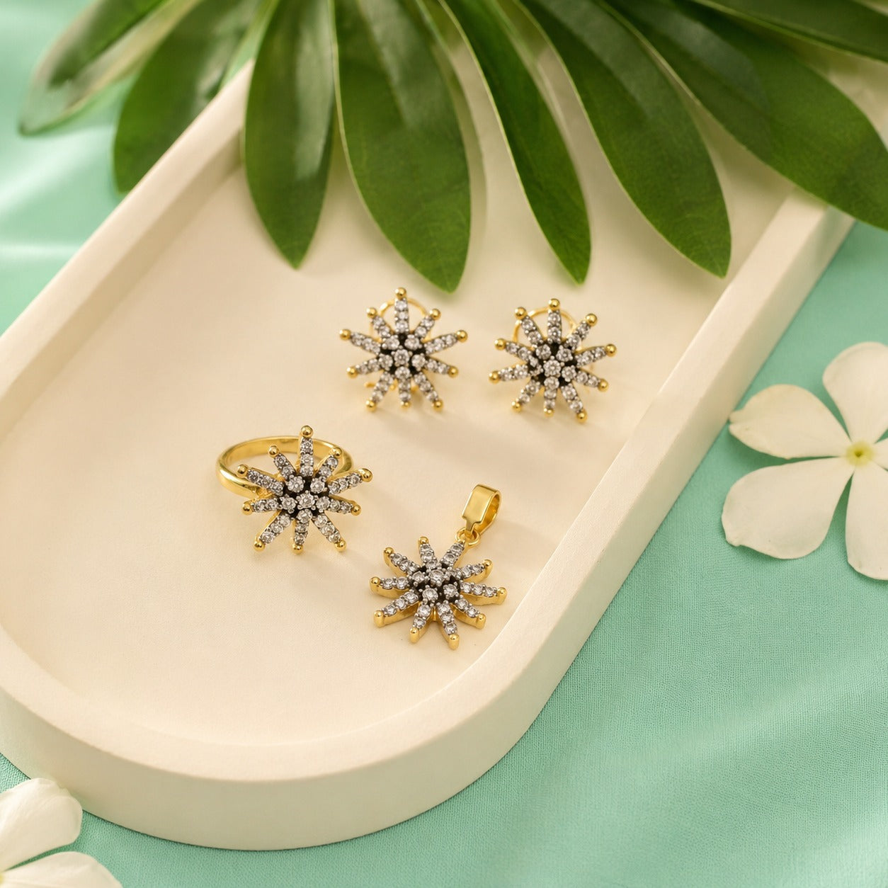 Rhinestone Flower Combo – Studs, Pendant & Ring