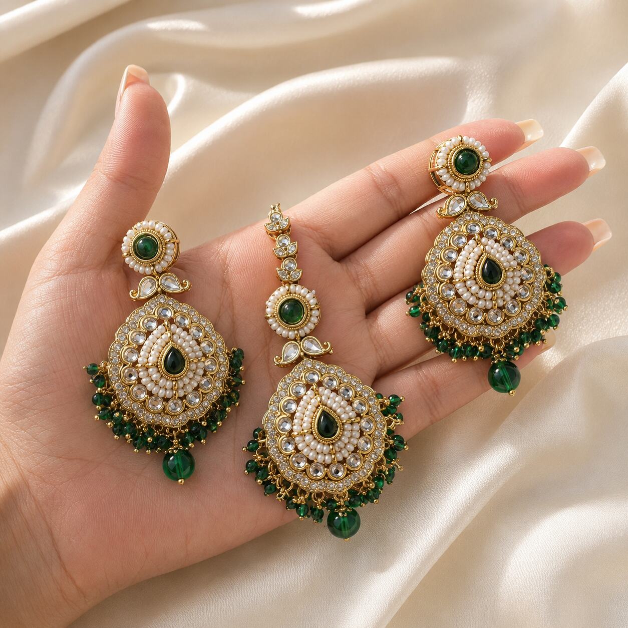 Nureh Green Kundan Statement Earrings and Teeka Set hand-held view