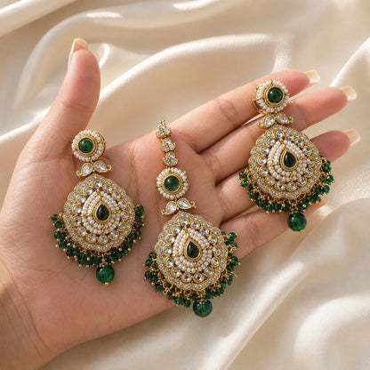 Nureh Green Kundan Statement Earrings and Teeka Set hand-held view