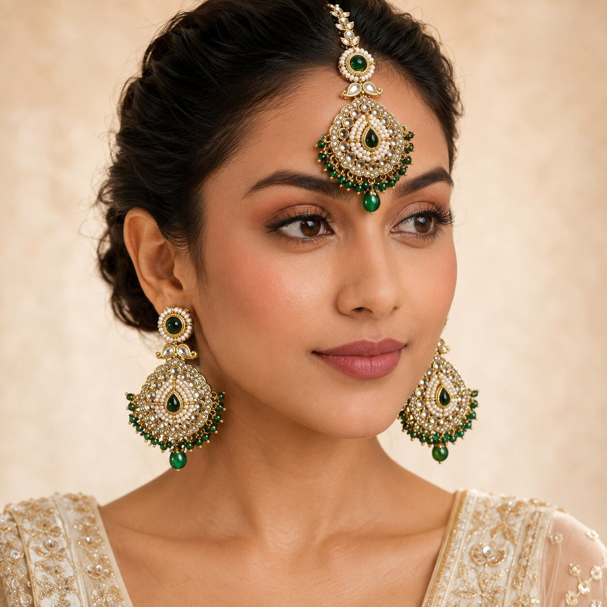 Nureh Green Kundan Statement Earrings and Teeka Set model view