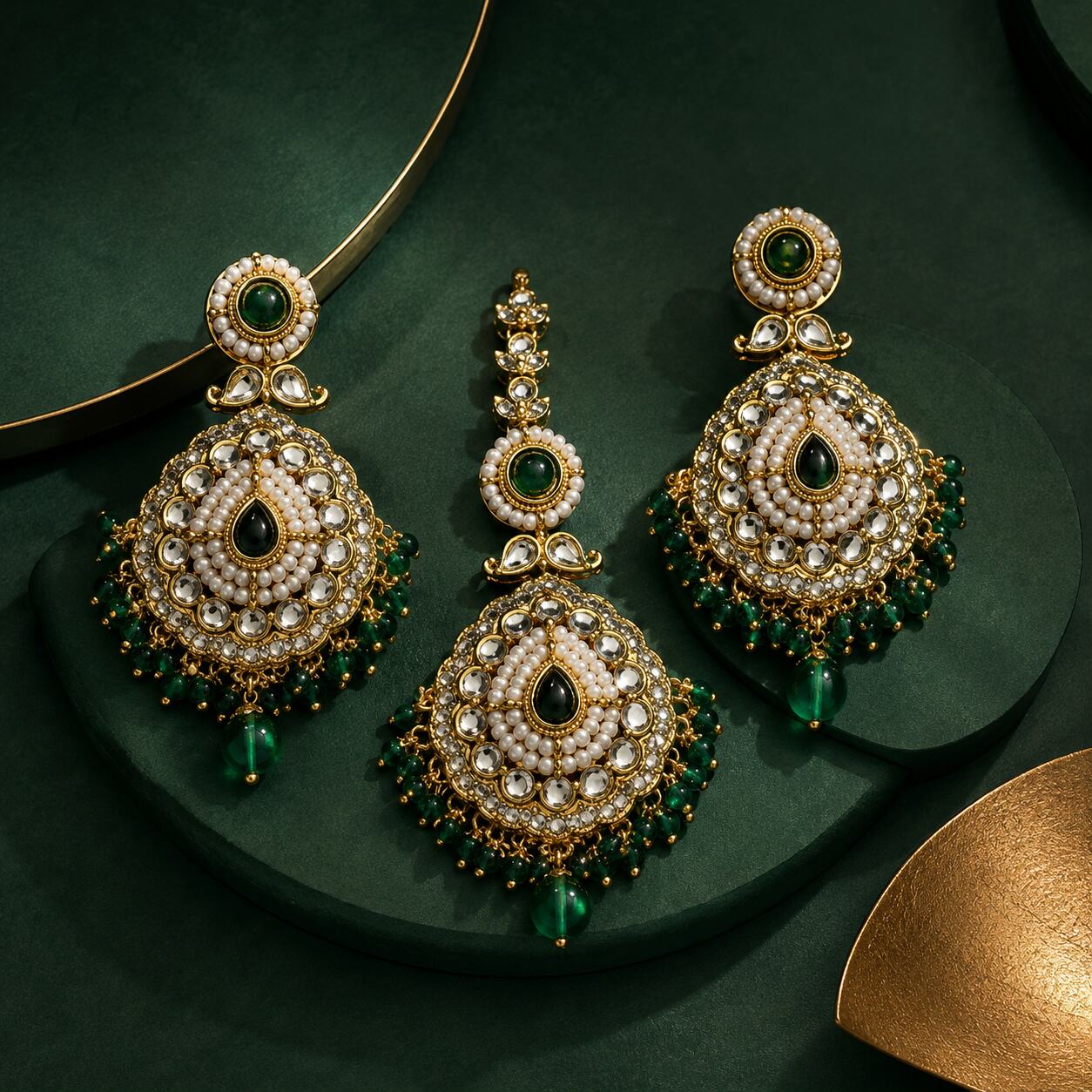 Nureh Green Kundan Statement Earrings and Teeka Set